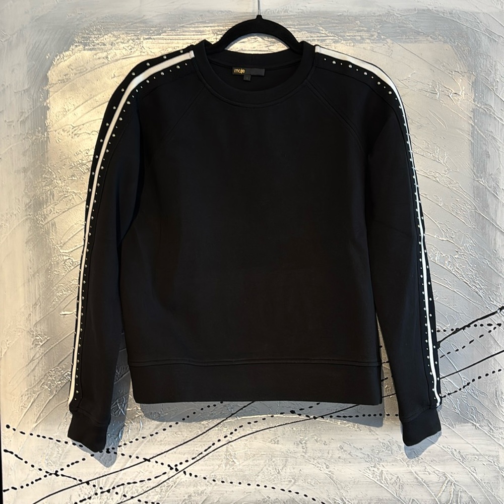 Maje Black Sweatshirt with White Stripe & Stud Detail